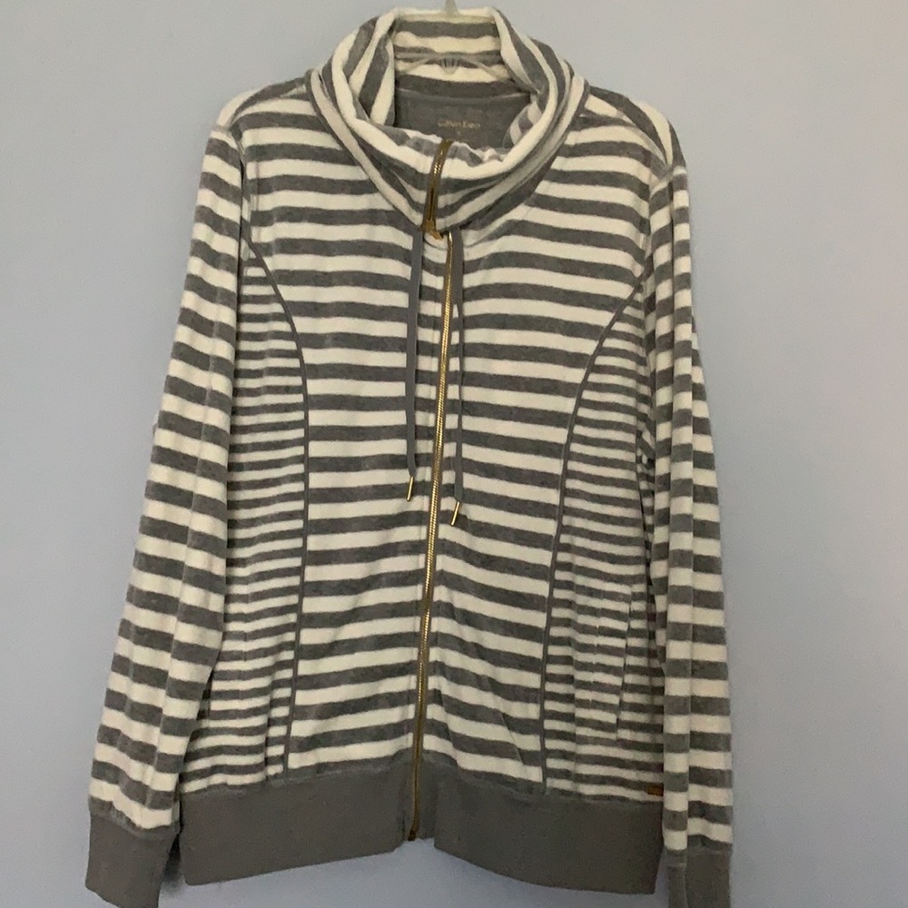 Calvin Klein Striped Gray & White Zip-Up Jacket